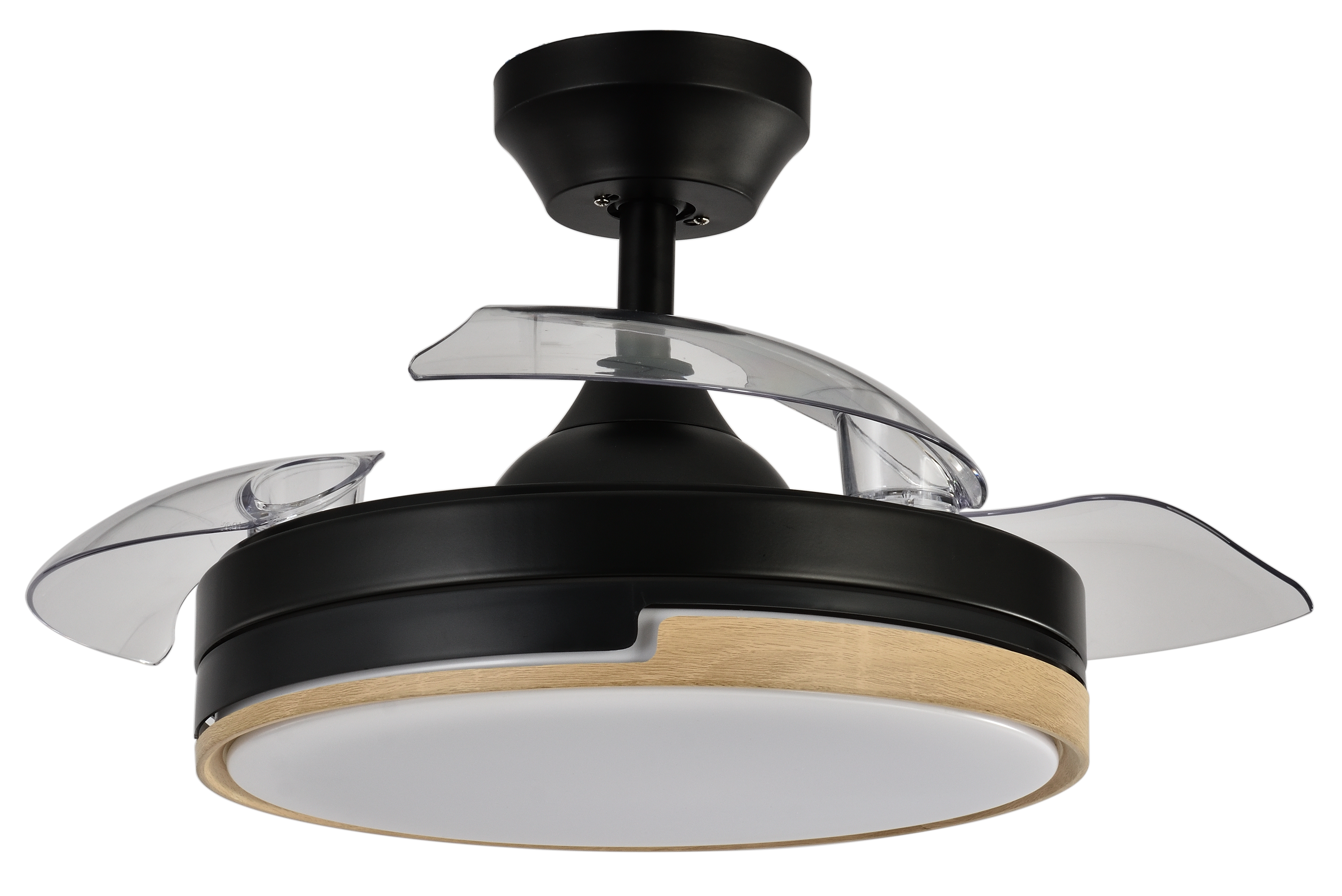 `alt=Ventilador de techo Olimpia Negro/Madera de 91cm con motor DC, aspas retráctiles y control remoto - Energía eficiente, led integrado para uso en el hogar`