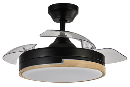 `alt=Ventilador de techo Olimpia Negro/Madera de 91cm con motor DC, aspas retráctiles y control remoto - Energía eficiente, led integrado para uso en el hogar`