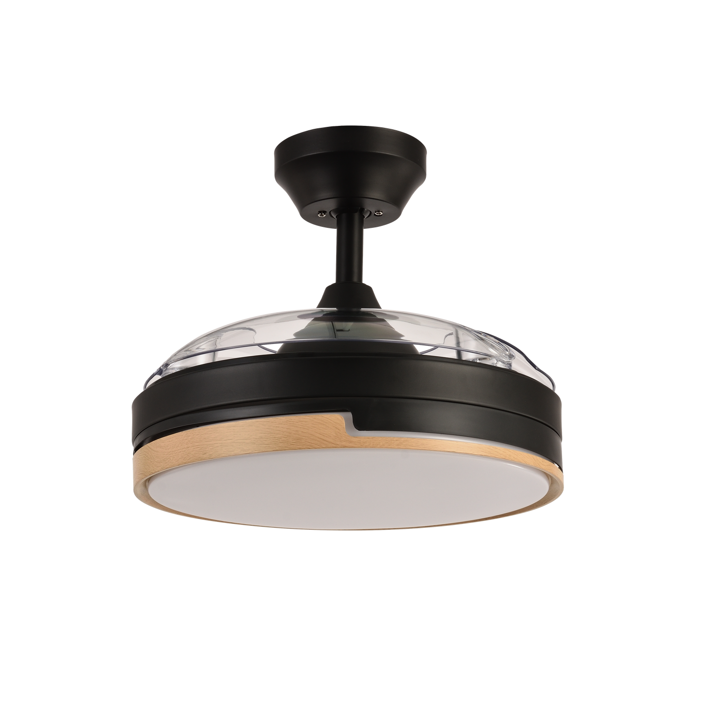 Ventilador de techo Olimpia Negro/Madera de 91cm con aspas retráctiles y LED integrado, motor DC, eficiente en energía, ideal para interiores domésticos, controlado por remoto