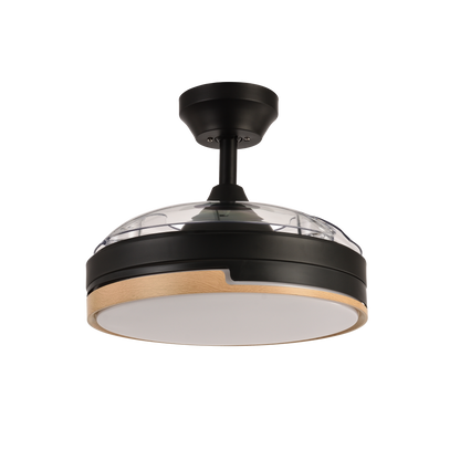 Ventilador de techo Olimpia Negro/Madera de 91cm con aspas retráctiles y LED integrado, motor DC, eficiente en energía, ideal para interiores domésticos, controlado por remoto