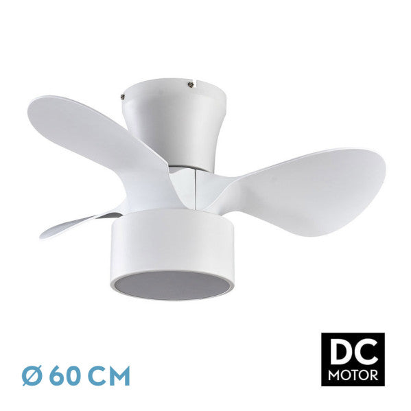 Ventilador de techo Kos DC 24W blanco con 3 aspas, modelo Abrila, controlado a distancia, 6 velocidades, LED integrado, temporizador para uso doméstico interior.