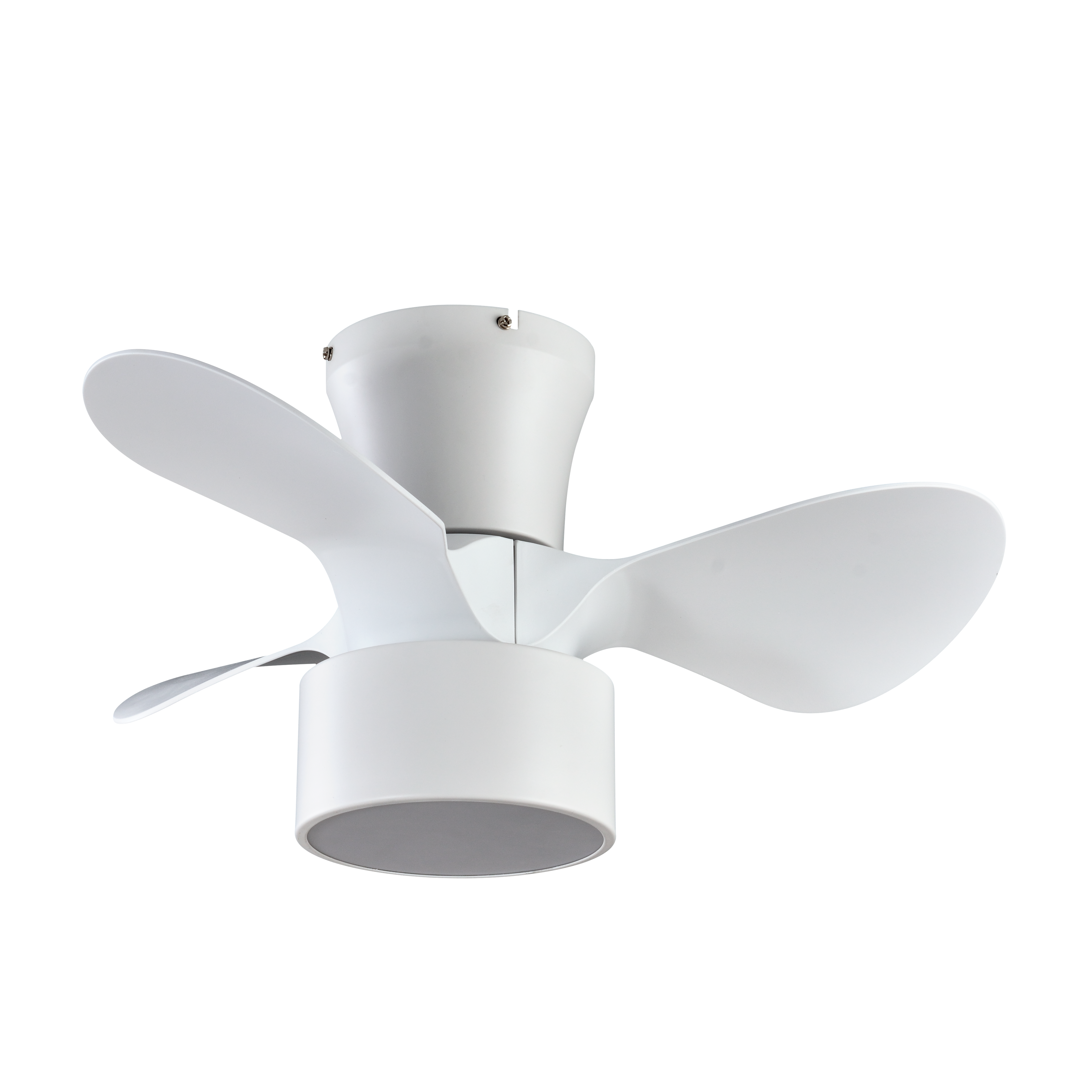 Ventilador de techo Kos DC 24W blanco con 3 aspas y luces LED, control remoto y temporizador, ideal para uso interior doméstico.