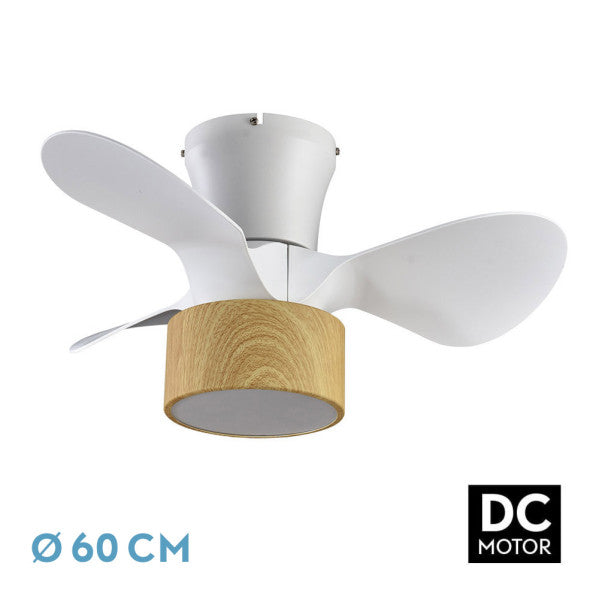 Ventilador de techo KOS 24W Blanco/Haya de Abrila, con 6 velocidades, LED integrado y motor DC, regulable con mando remoto y temporizador.