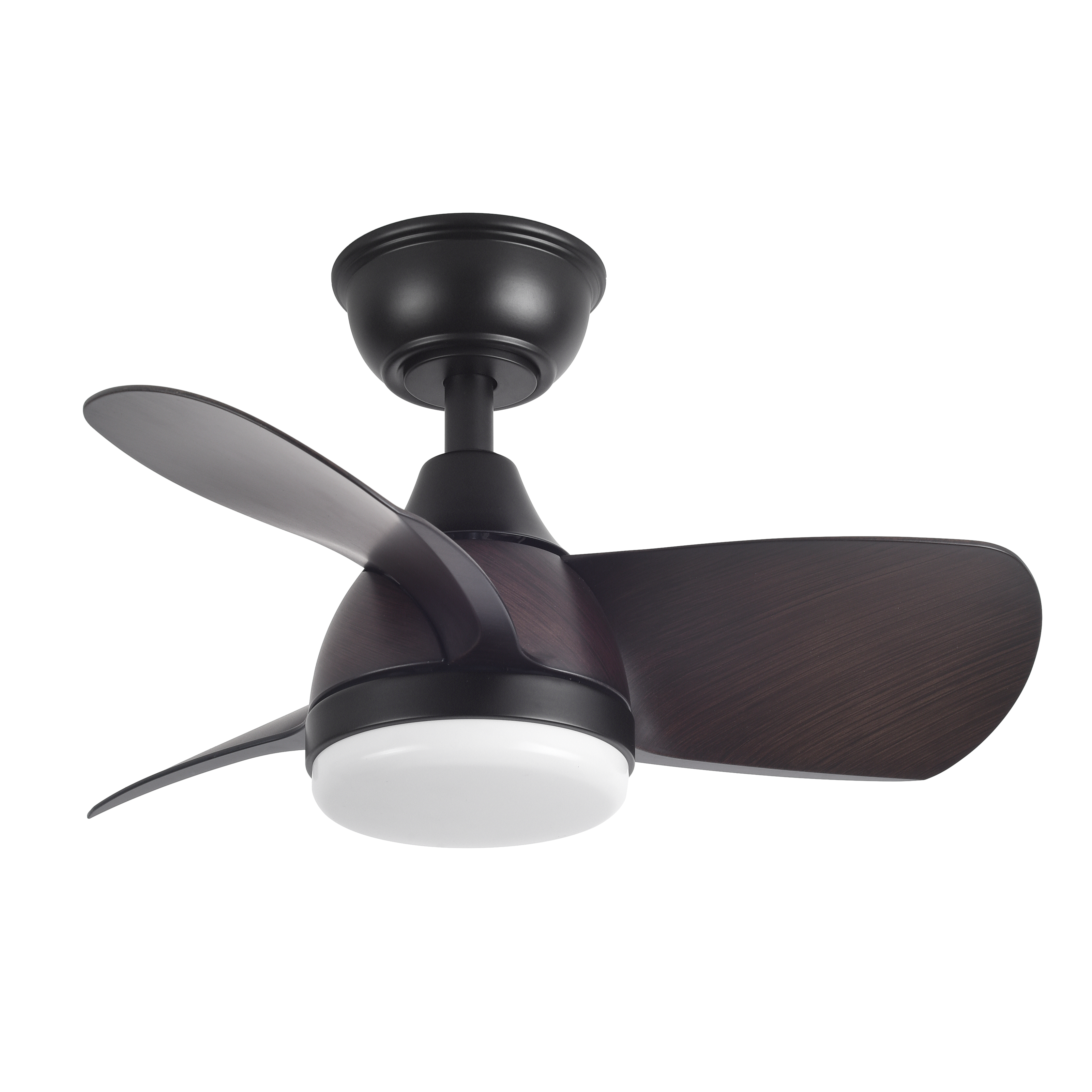 `alt=Ventilador de techo negro/marrón DC 24W Abrila Pirdo, modelo 186291302 con motor DC y luz LED, ideal para dormitorios`