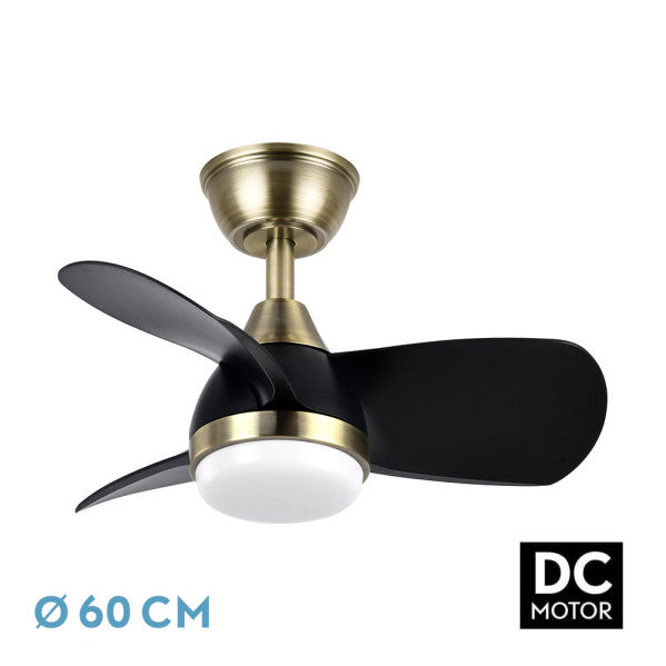 ```
alt=Ventilador de techo DC PIRDO Cuero/Negro de Abrila, con LED integrado y mando remoto, para interiores de dormitorio
```