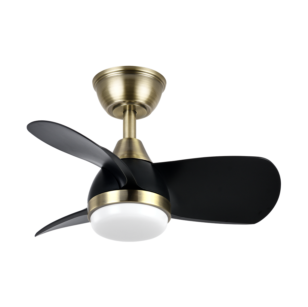 Alt Text: Ventilador de techo PIRDO DC 24W en color cuero/negro de la marca Abrila con mando remoto, ideal para dormitorios interiores. Cuenta con motor DC y LED integrado, fabricado con metal y ABS policarbonato.