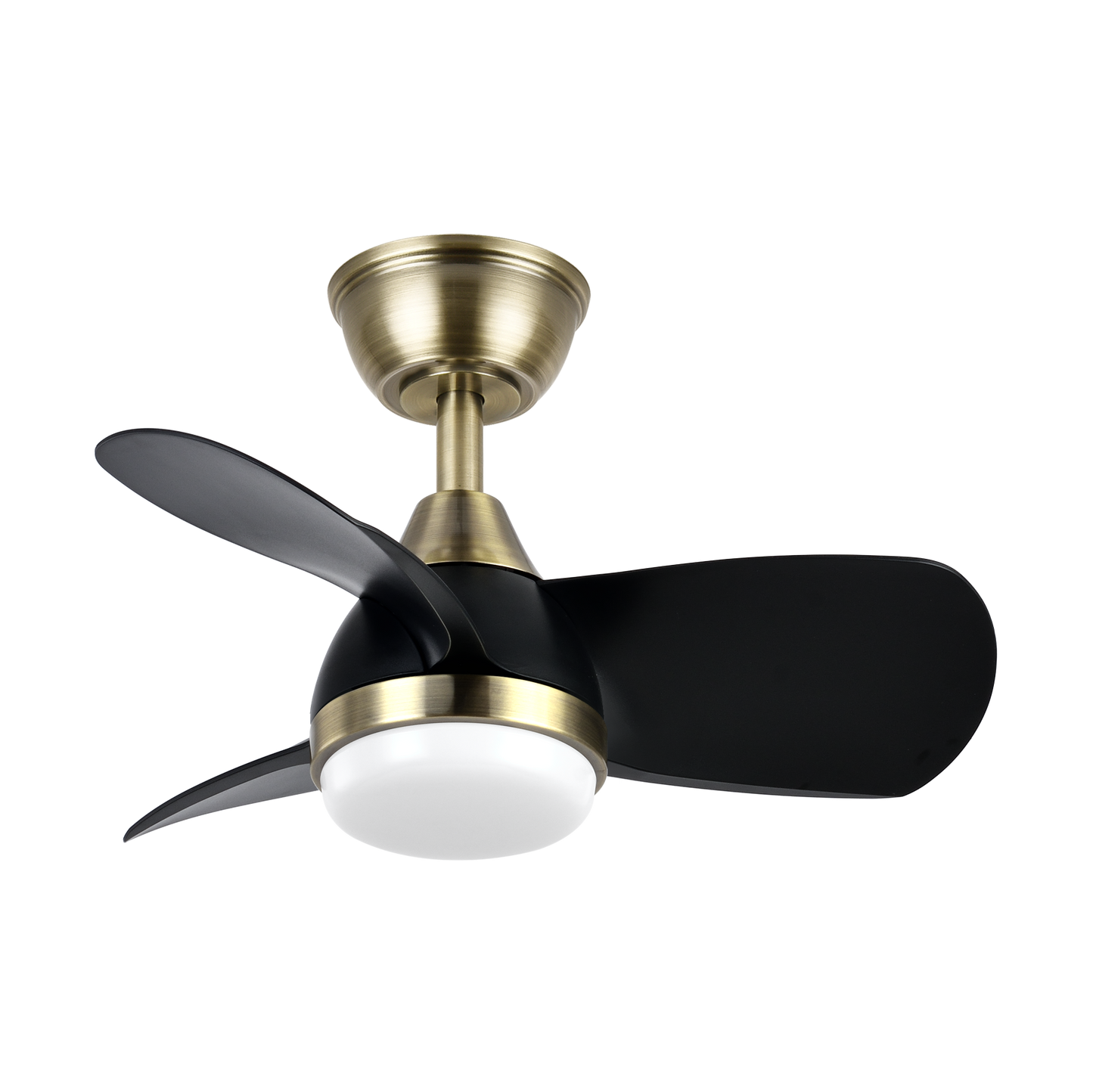 Alt Text: Ventilador de techo PIRDO DC 24W en color cuero/negro de la marca Abrila con mando remoto, ideal para dormitorios interiores. Cuenta con motor DC y LED integrado, fabricado con metal y ABS policarbonato.