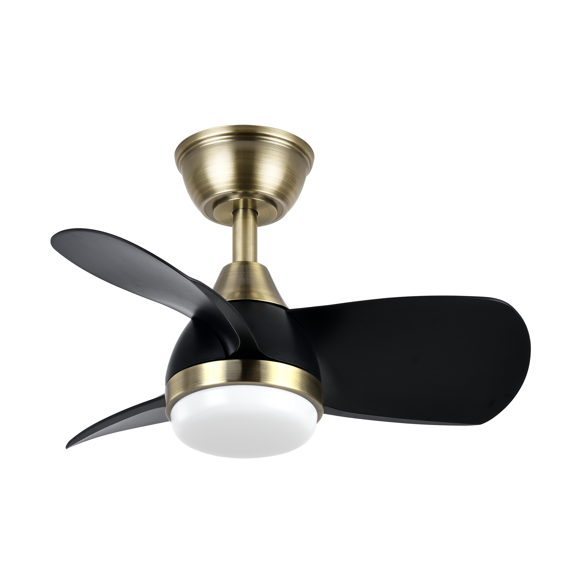 Alt Text: Ventilador de techo PIRDO DC 24W en color cuero/negro de la marca Abrila con mando remoto, ideal para dormitorios interiores. Cuenta con motor DC y LED integrado, fabricado con metal y ABS policarbonato.