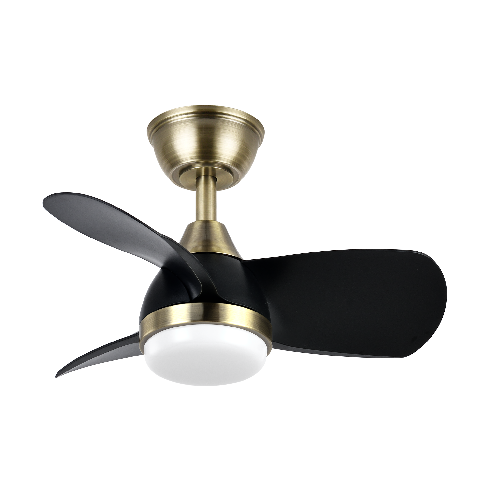 Alt Text: Ventilador de techo PIRDO DC 24W en color cuero/negro de la marca Abrila con mando remoto, ideal para dormitorios interiores. Cuenta con motor DC y LED integrado, fabricado con metal y ABS policarbonato.