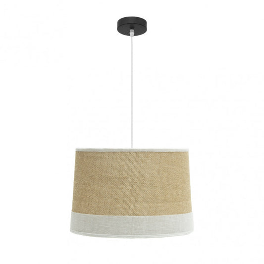 Colgante de lámpara Tietar Saco/Blanco 40x40 cm de Abrila, diseño rústico vintage en metal y textil para decoración interior doméstica, estilo colgante industrial con tela blanca y saco.