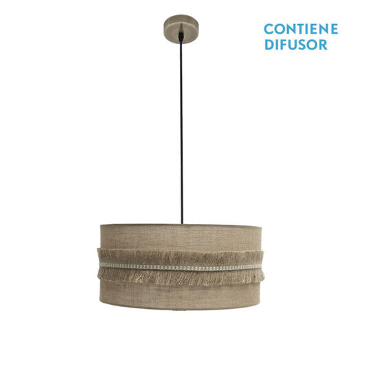 Colgante Kala de Abrila con 2xE27, diseño rústico en cuero y saco textil de 50 cm, lámpara colgante vintage con flecos metálicos para luz difusa en decoración interior