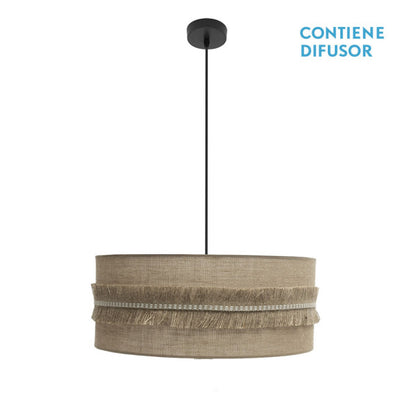 Colgante Kala 3xE27 negro con difusor de saco textil 60x60 cm de Abrila, lámpara colgante rústica de metal en estilo vintage para iluminación interior difusa y decoración acogedora (código 186796009).