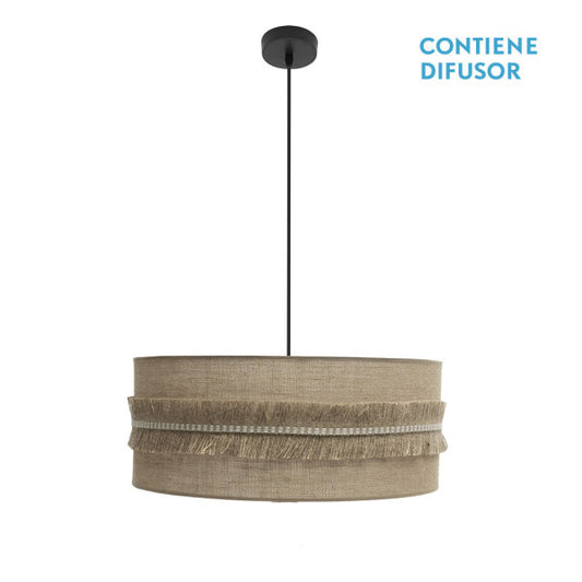 Colgante Kala 3xE27 negro con difusor de saco textil 60x60 cm de Abrila, lámpara colgante rústica de metal en estilo vintage para iluminación interior difusa y decoración acogedora (código 186796009).