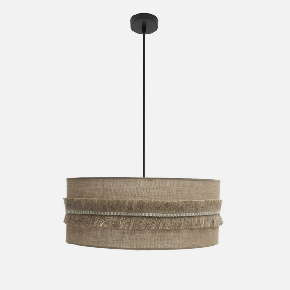 Colgante Kala 3xE27 en negro con difusor de saco textil 60x60 cm de Abrila, lámpara colgante rústica de metal vintage para iluminación interior difusa y decoración acogedora.