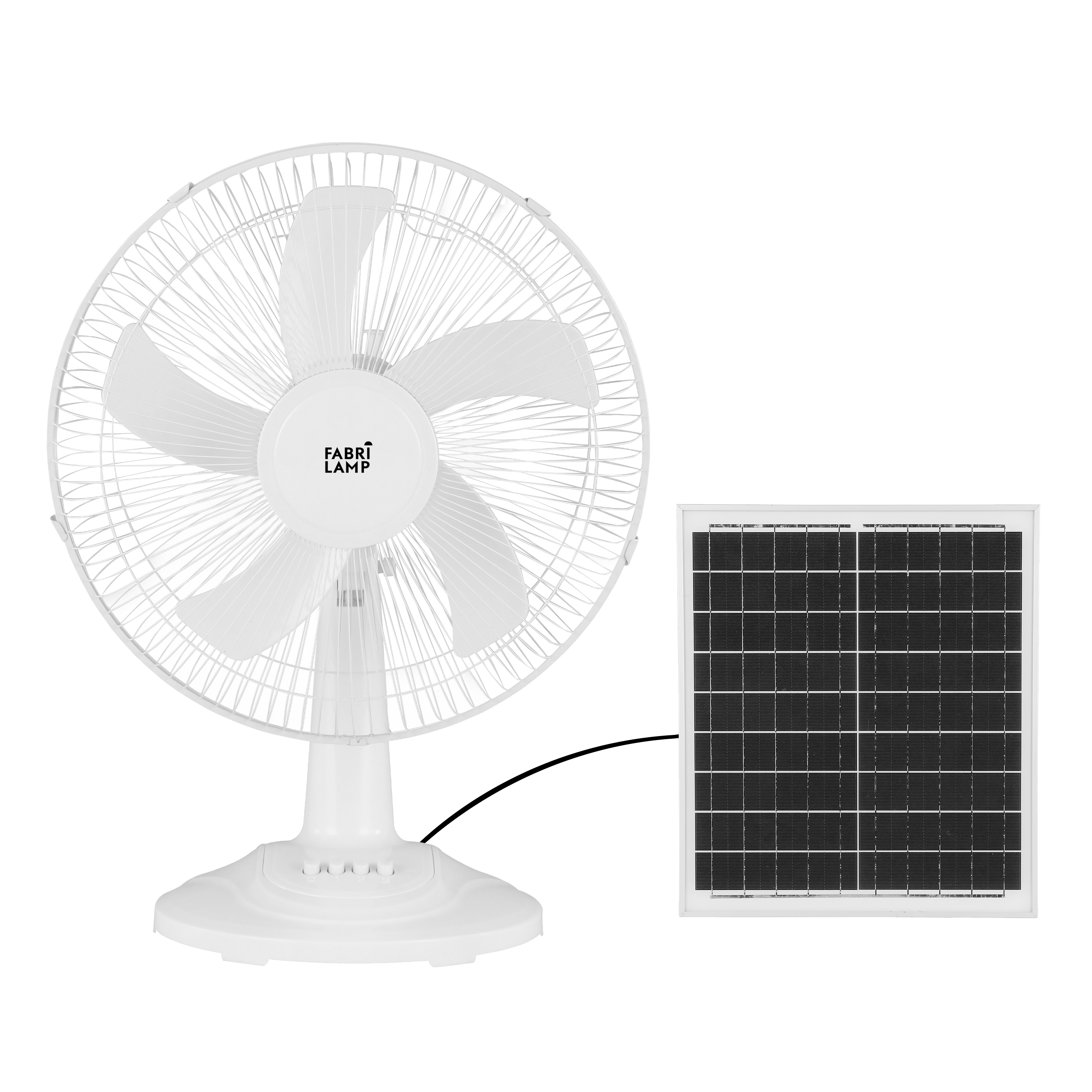 Ventilador Sobremesa Solar Abanico Blanco 20W Abrila, diseño elegante y eficiente para uso doméstico en interiores. Panel solar integrado para ahorro de energía con motor DC silencioso. Perfecto como ventilador de sobremesa.