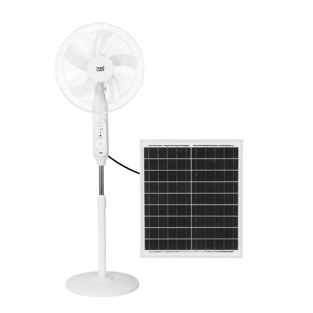 Ventilador de pie solar eléctrico de alta eficacia de la marca abrila. Gráfico de energía solar USB y estándar. Color blanco ideal para cualquier espacio interior o doméstico. Control remoto con 3 velocidades y control giratorio en brazo para dirección del flujo de aire. Producto de la línea Clima Abrila número 187241001.

Si quieres sugerencias de conexión de palabras clave a utilizar en este producto:
- Ventilador de pie solar Abrilan
- Eficiencia energética climatizada
- AI2 alarmas de sobrecarga ventila