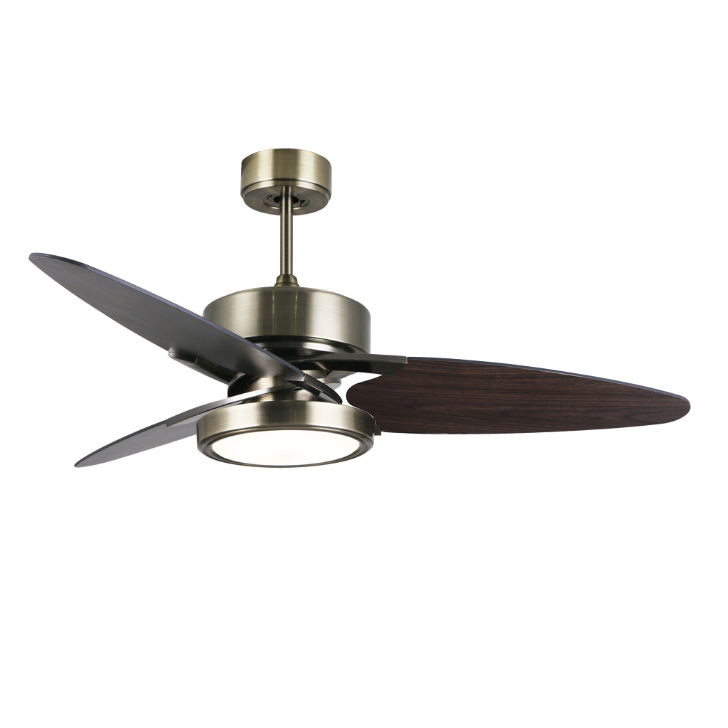 `alt=Ventilador de techo DC Cross Cuero Negro/Nogal de Abrila con motor DC y LED integrado, inclouye aspas reversibles`