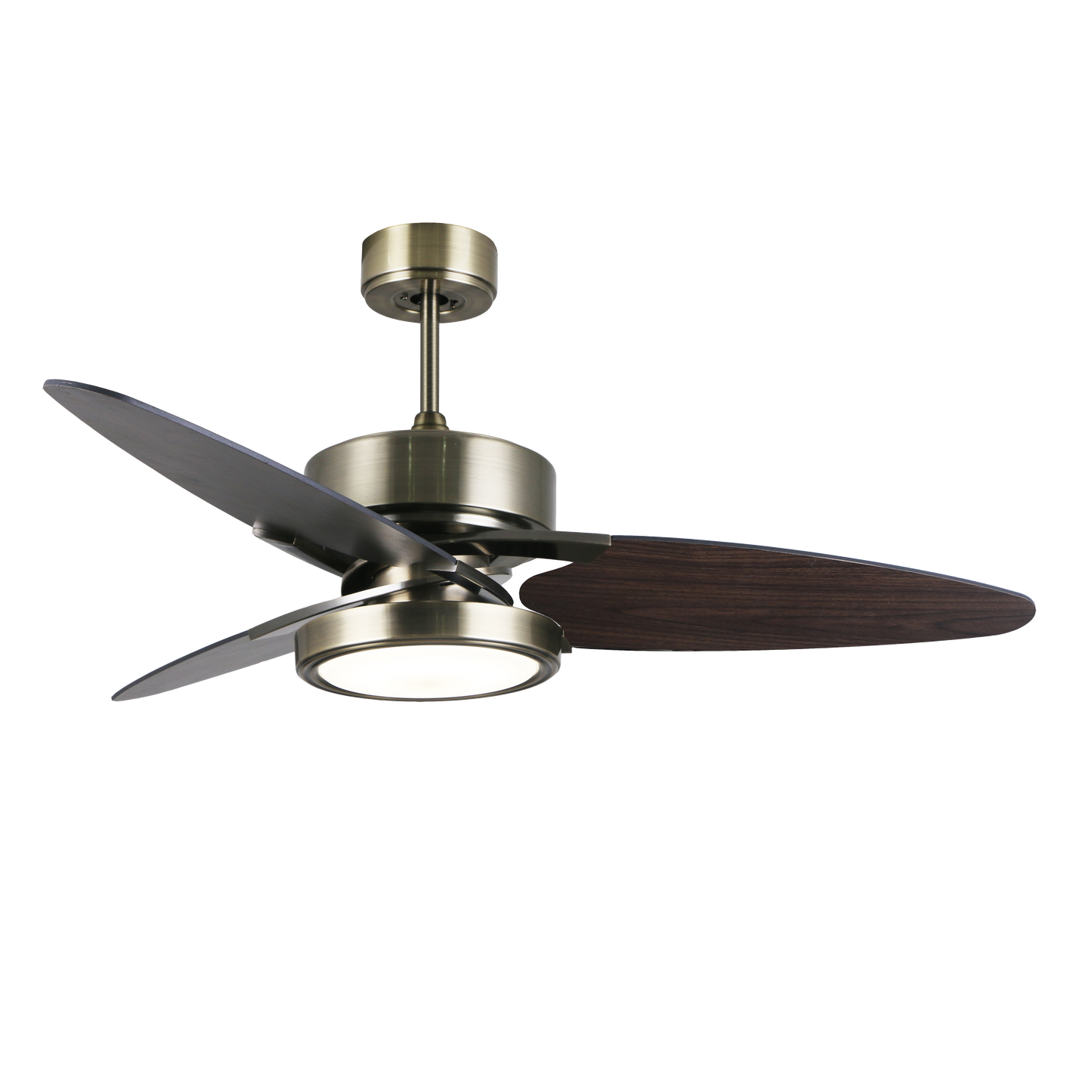 `alt=Ventilador de techo DC Cross Cuero Negro/Nogal de Abrila con motor DC y LED integrado, inclouye aspas reversibles`