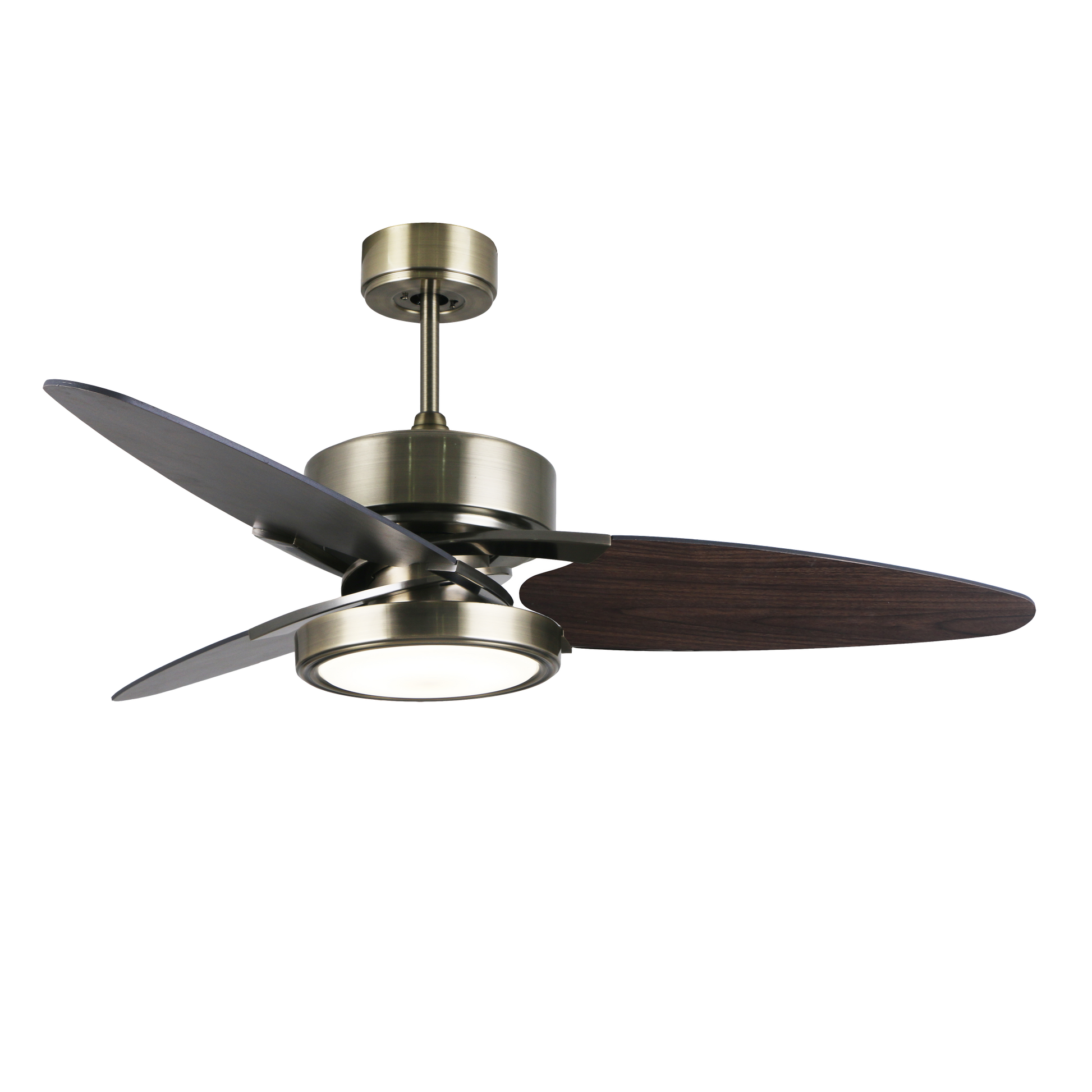 `alt=Ventilador de techo DC Cross Cuero Negro/Nogal de Abrila con motor DC y LED integrado, inclouye aspas reversibles`