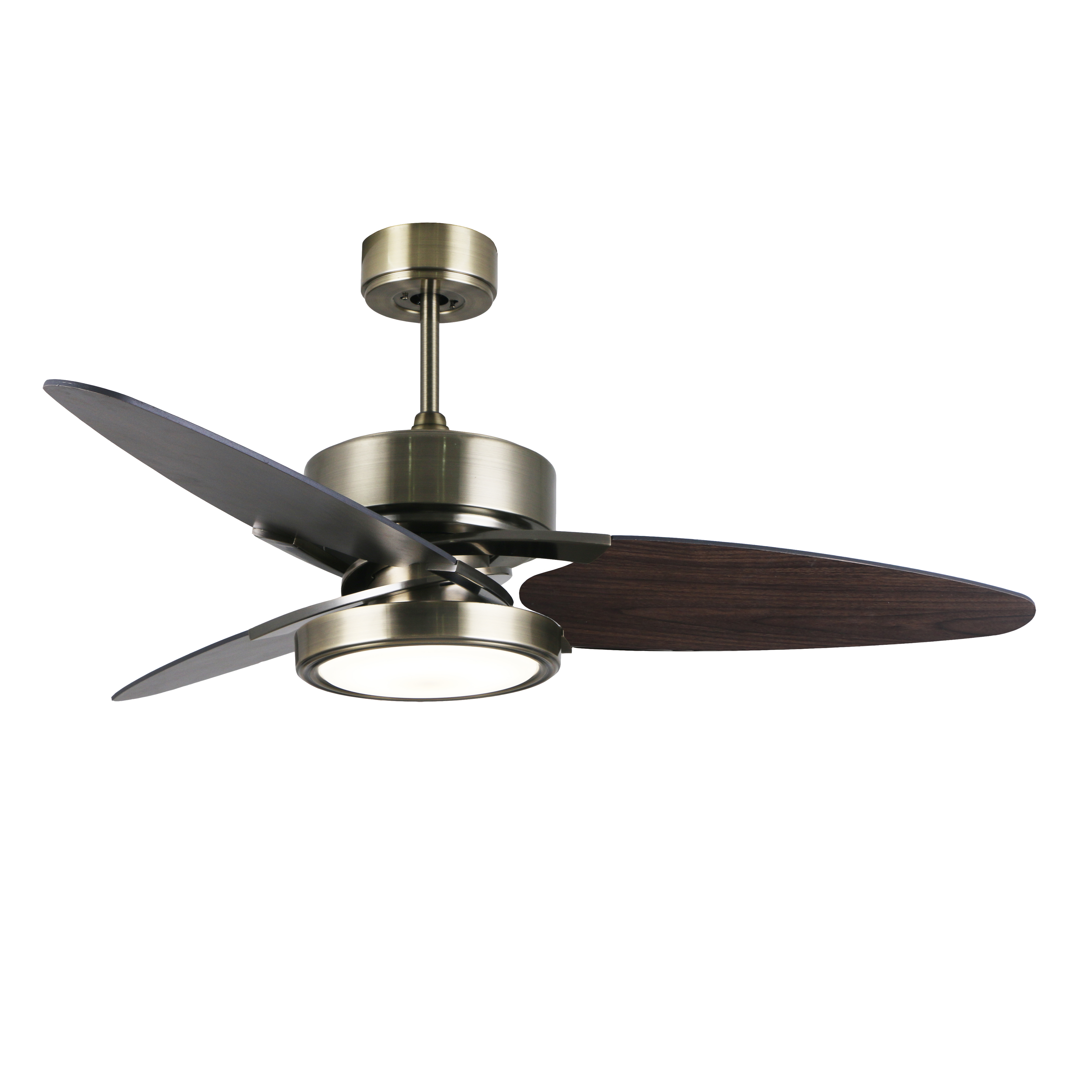 `alt=Ventilador de techo DC Cross Cuero Negro/Nogal de Abrila con motor DC y LED integrado, inclouye aspas reversibles`