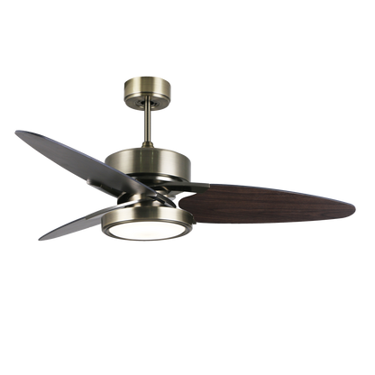 `alt=Ventilador de techo DC Cross Cuero Negro/Nogal de Abrila con motor DC y LED integrado, inclouye aspas reversibles`