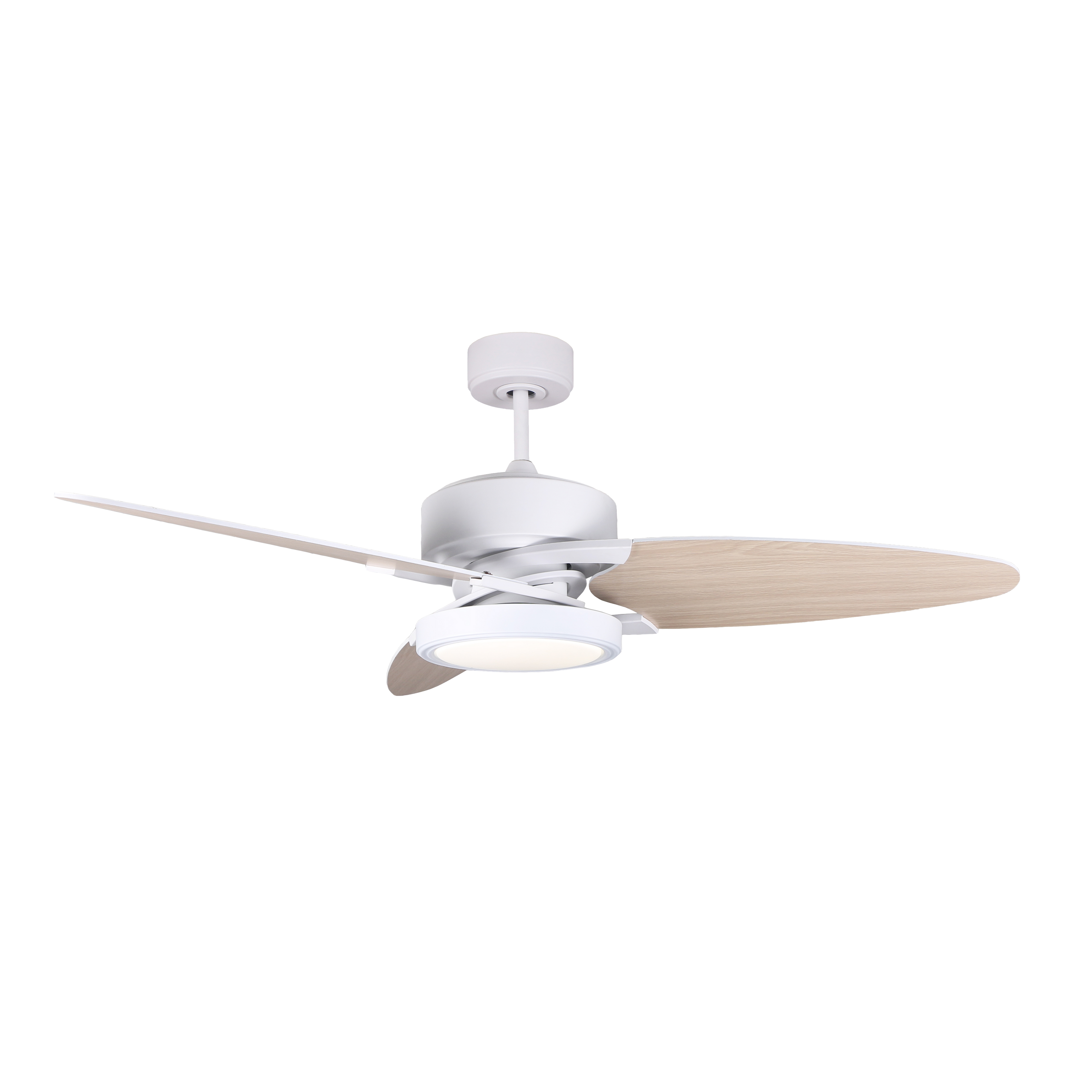 Ventilador de techo DC Cross 30W en color blanco por Abrila, modelo 187391368. Diseñado para interiores domésticos, cuenta con aspas reversibles, motor DC eficiente, LED integrado y control remoto con temporizador. Perfecto para ambientes de Haya, ideal para cercas.