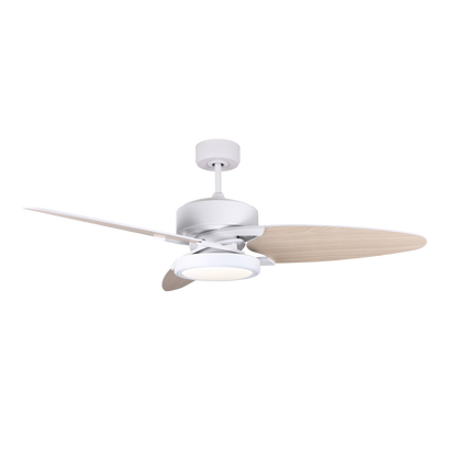 Ventilador de techo DC Cross 30W en color blanco por Abrila, modelo 187391368. Diseñado para interiores domésticos, cuenta con aspas reversibles, motor DC eficiente, LED integrado y control remoto con temporizador. Perfecto para ambientes de Haya, ideal para cercas.