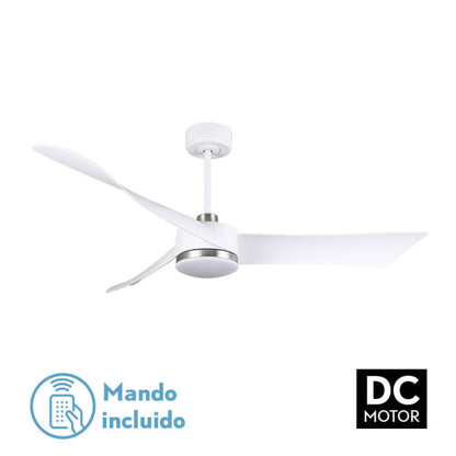 `alt=Ventilador de techo Tempel 26W blanco/níquel, modelo Abrila, con motor DC y LED integrado para uso en interiores`