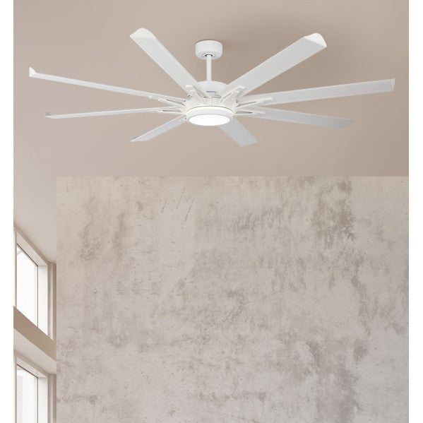 Ventilador de techo DC grado blanco, modelo Abrila AI2, de 198 cm, ideal para interiores y con luz LED integrada. Fabricado con materiales de alta calidad como metal aluminio y policarbonato, perfecto para uso doméstico durante todo el año, tanto en verano como en invierno.