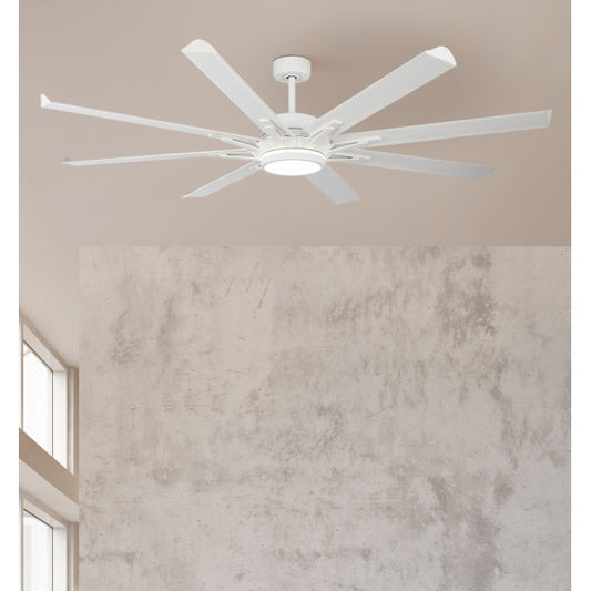 Ventilador de techo DC grado blanco, modelo Abrila AI2, de 198 cm, ideal para interiores y con luz LED integrada. Fabricado con materiales de alta calidad como metal aluminio y policarbonato, perfecto para uso doméstico durante todo el año, tanto en verano como en invierno.
