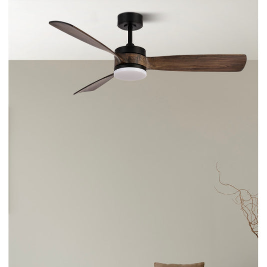 `alt=Ventilador de techo Oriente 26W negro y roble por Abrila con aspas de madera, LED integrado, motor DC, control remoto y temporizador, ideal para interior y uso doméstico`