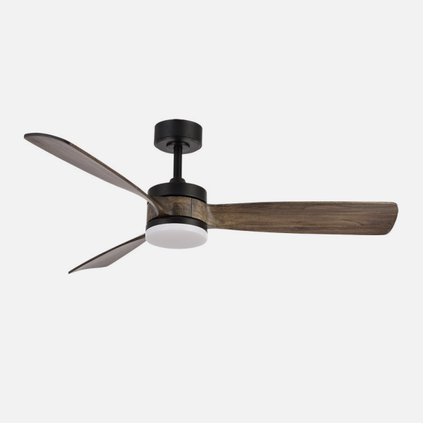 `alt=Ventilador de techo Abrila Oriente AI2 en negro y roble con motor DC, aspas de madera, LED integrado, y control remoto con temporizador para interiores domésticos`