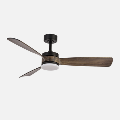 `alt=Ventilador de techo Abrila Oriente AI2 en negro y roble con motor DC, aspas de madera, LED integrado, y control remoto con temporizador para interiores domésticos`