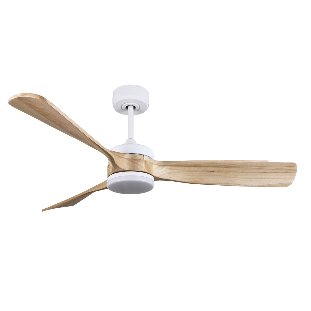 `alt=Ventilador de techo DC Oriente 187991368 blancoy haya con 6 velocidades, ahorro de energía, iluminación LED y mando remoto de Abrila`