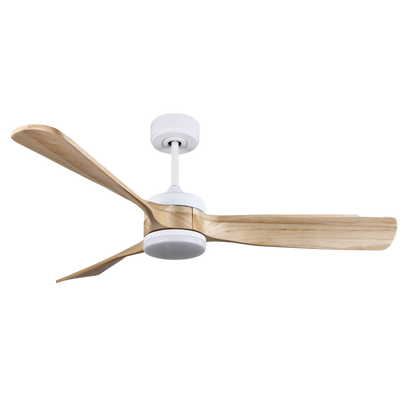 `alt=Ventilador de techo DC Oriente 187991368 blancoy haya con 6 velocidades, ahorro de energía, iluminación LED y mando remoto de Abrila`