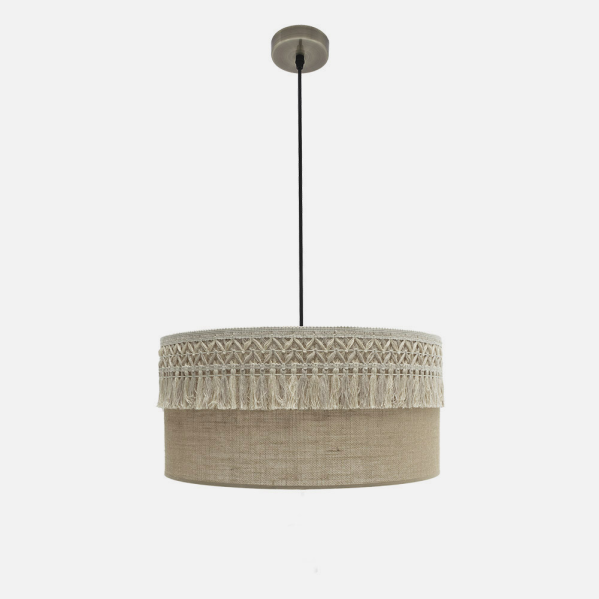 Lámpara colgante Ekaterina de Abrila en cuero y saco rústico vintage, 50x50 cm, diseño textil de metal para decoración doméstica e interiores acogedores