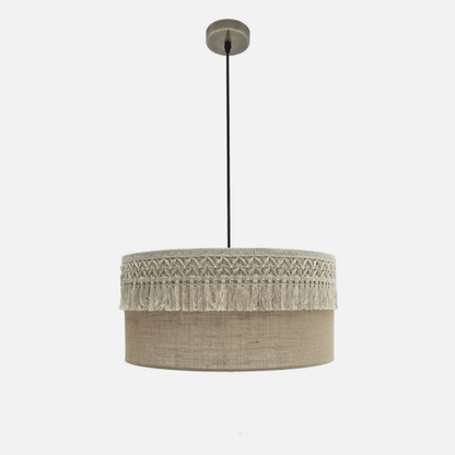 Lámpara colgante Ekaterina de Abrila en cuero y saco rústico vintage, 50x50 cm, diseño textil de metal para decoración doméstica e interiores acogedores