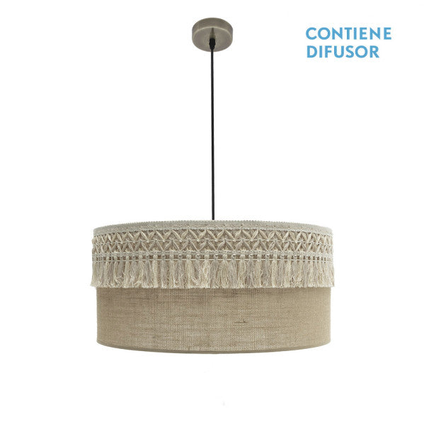 Colgante Ekaterina de Abrila, lámpara colgante rústica vintage de 60x60 cm con pantalla de saco y cuero, iluminación difusa E27, diseño natural en metal textil y pasamanería para interiores domésticos.