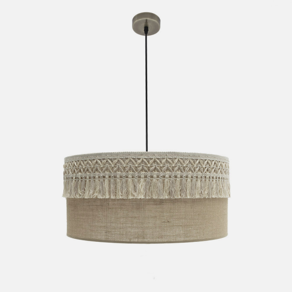 Colgante Ekaterina de Abrila en estilo rústico vintage, con pantalla de saco y cuero 60x60 cm, iluminación difusa 3xE27, ideal para decoración doméstica e interiores con toques de metal textil y pasamanería natural (ref. 188296014).