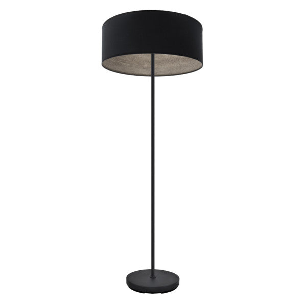 Pie de salón Tania de Abrila en negro y madera gris, lámpara moderna de 162 cm para iluminación interior, diseño contemporáneo con base de metal, pie de salón elegante y textil para decoración del hogar.