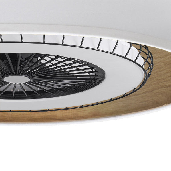 `alt=Ventilador de techo Tania 72W de Abrila en Blanco y Madera Clara con LED, motor DC, mando remoto y temporizador para ahorro de energía`