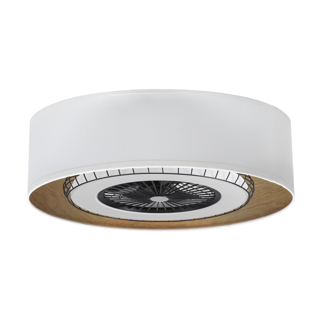 Ventilador de techo Tania 72W Blanco/Madera Clara con LED integrado y mando remoto de Abri-La. Ahorro energético y diseño modernoso para interiores domésticos. Motor DC eficiente y temporizador programable. Modelo 188391701