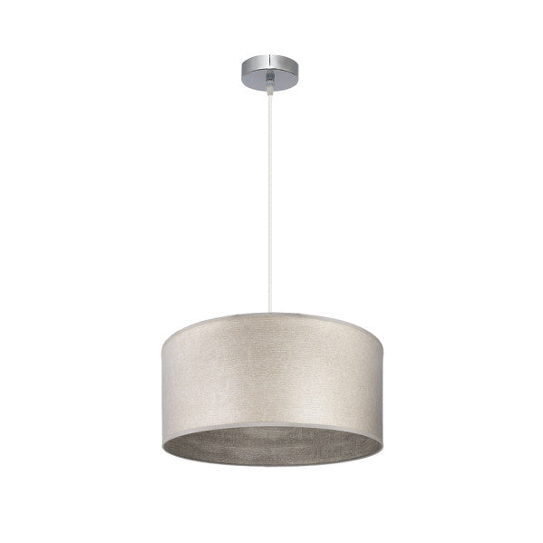 Colgante Tania de níquel y madera gris de 40 cm de Abrila, lámpara colgante moderna para decoración de interiores domésticos con diseño textil y metal, ideal para iluminación minimalista en cocinas y comedores.