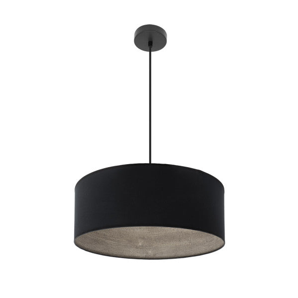 Colgante Tania en negro y madera gris de 50 cm, lámpara colgante moderna de Abrila con diseño vintage, iluminación interior de metal y textil para decoración doméstica.