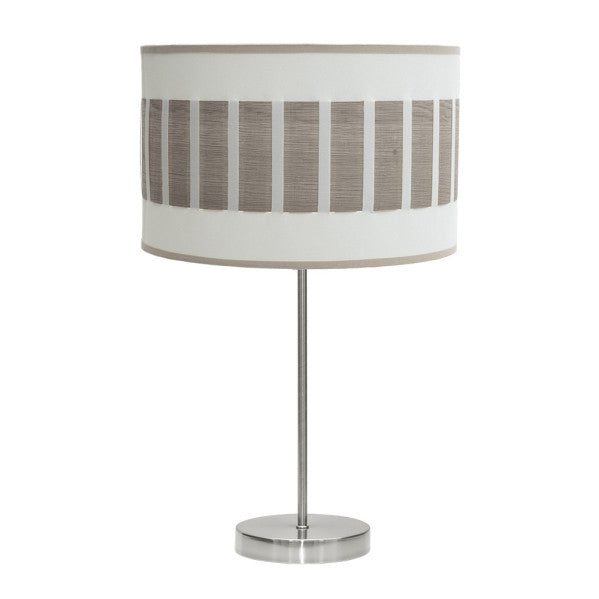 Lámpara de sobremesa Ivanna en níquel con base blanca y madera gris, diseño moderno y vintage de Abrila, iluminación interior doméstica con estructura metálica y pantalla textil, modelo 188471183