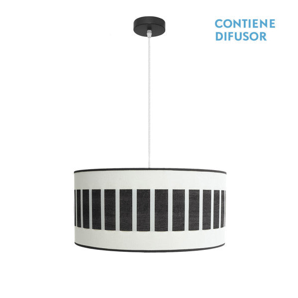 Lámpara colgante Ivanna de Abrila en blanco y madera negra, modelo 2xE27 con diseño moderno rústico vintage, ideal para decoración interior con toques metálicos y textil.