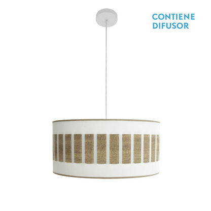 Colgante Ivanna de Abrila en blanco y madera clara, lámpara colgante moderna rústica vintage de 50x50cm con 2 casquillos E27, ideal para iluminación interior doméstica y decoración con toques metálicos y textil.