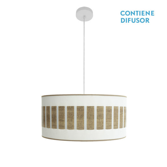 Colgante Ivanna de Abrila en blanco y madera clara, lámpara colgante moderna rústica vintage de 50x50cm con 2 casquillos E27, ideal para iluminación interior doméstica y decoración con toques metálicos y textil.