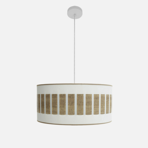 Colgante Ivanna de Abrila en blanco y madera clara, modelo 2xE27 con dimensiones 50x50cm, lámpara colgante moderna rústica vintage para iluminación interior doméstica y decoración con materiales de metal y textil.