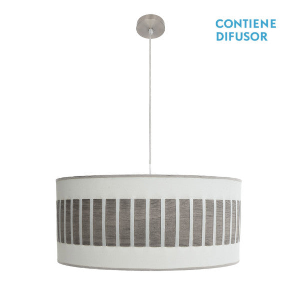 Colgante Ivanna moderno de níquel con difusor blanco y madera gris, modelo 3xE27 de Abrila para iluminación vintage y luz difusa en decoración interior doméstica